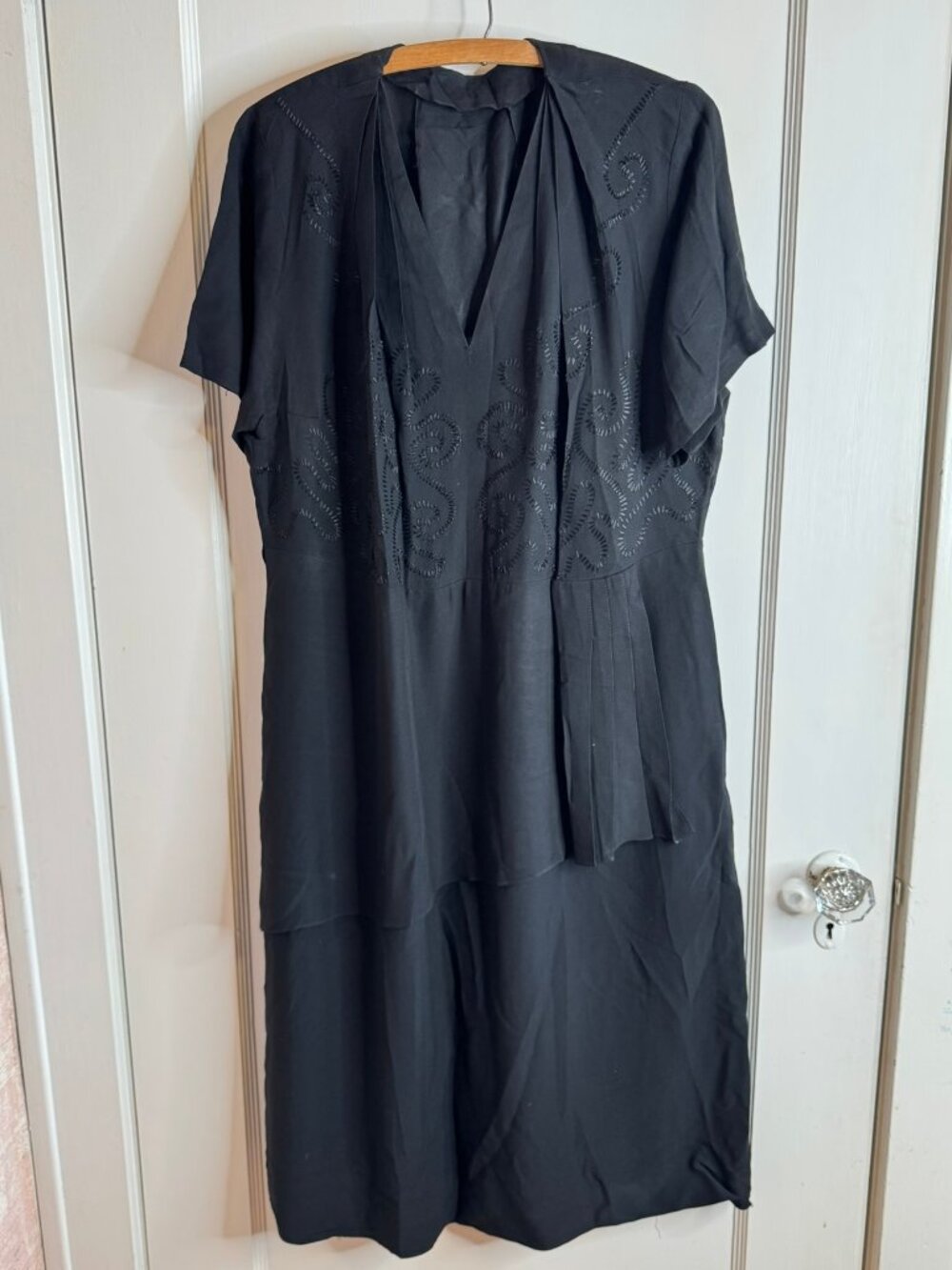 Vtg 1950's Black Embroidered Peplum Formal Event Dress sz XL